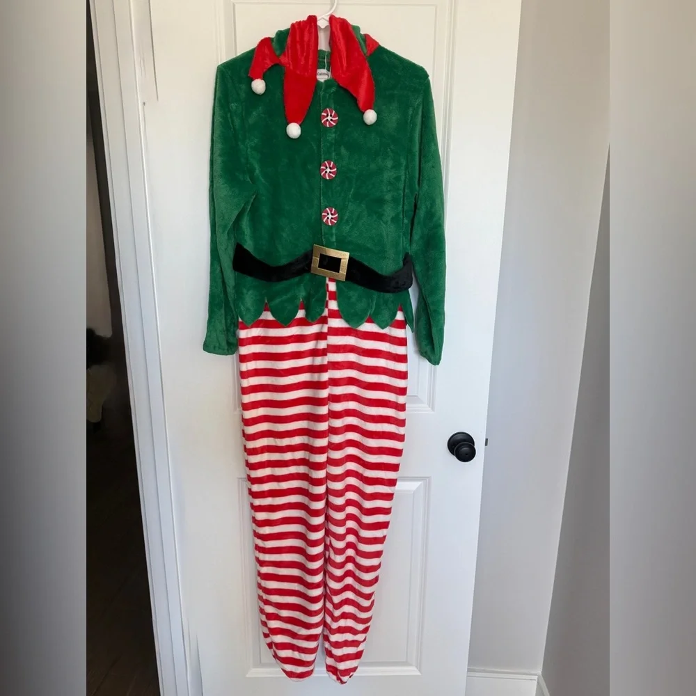 Halloween Costumes Elf Costume Jumpsuit Hooded Red Stripe Belt Junior XL‎
